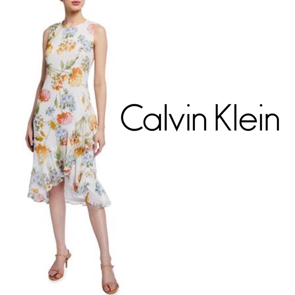 NWOT Calvin Klein Sleeveless Floral High Low Midi Ruffle Dress Cream Multi - 12